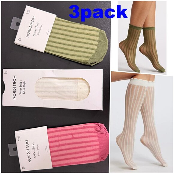 Nordstrom Sheer Ankle & Knee High Socks 3-pack Striped White Green Pink - Picture 1 of 7
